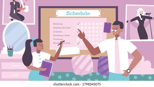 Parenting flat background with father who makes up schedule for his daughter vector illustration