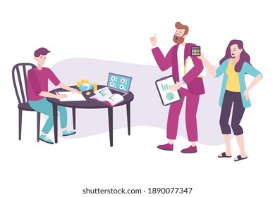 Parenting flat concept with parents and their child doing business together vector illustration
