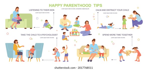 Parenting flat flowchart with happy parenthood tips parents and their children spending time together vector illustration