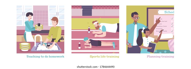 Parenting flat illustrations set of day planning teaching to do homework sports training vector illustration