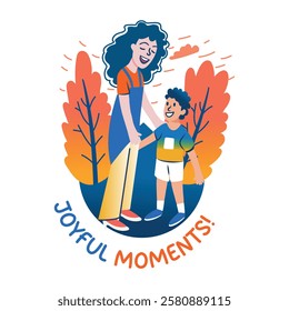 Parenting flat sticker of mom and child with joyful moments typography 
