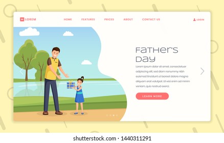 Parenting forum landing page vector template. Single fathers advice website homepage interface idea with flat illustrations. Father day webpage cartoon concept with daughter congratulating dad