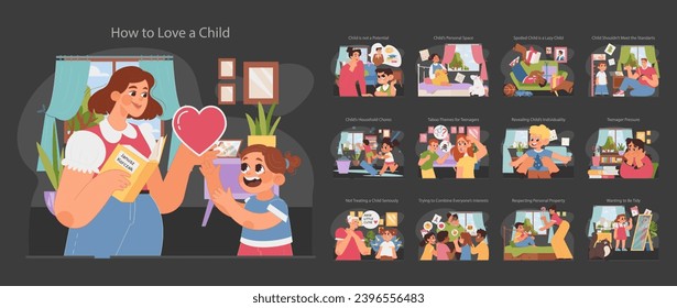 Parenting guide set. Practical insights from Janusz Korczak's 'How to Love a Child'. Emotional intelligence, respect, chores, privacy in child-rearing. Flat vector illustration