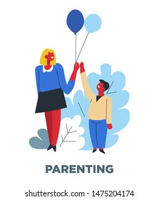 Parenting, human need and bringing up child, mother and son, isolated characters, woman and baby vector. Mom and little boy, love and family. Motherhood and childhood, parent and kid with balloons