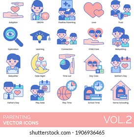 Parenting Icons Including Adoption, Obgyn, Positive, Love, Trust, Exploration, Learning, Connection, Child Care, Babysitting, Babysitter, Date Night, Time Out, Daycare, Mother's Day, Father's Day.