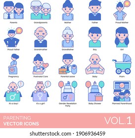 Parenting icons including parents, grandparents, proud mother, father, grandmother, grandfather, boy, girl, pregnancy, postnatal care, parental leave, gender revelation party, baby shower, parenthood.