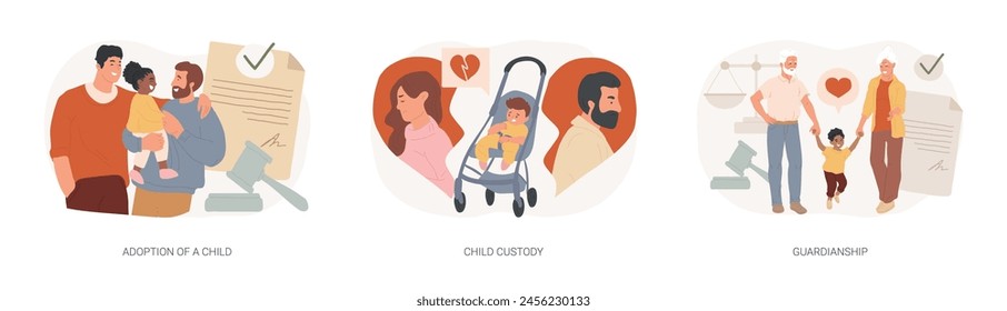 Parenting isolated concept vector illustration set. Adoption of a child, custody and guardianship, foster care parent, family conflict, orphanage, adoptive parents, separation vector concept.