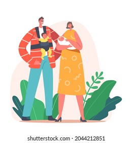 Parenting, Loving Mom and Dad Concept. Mother and Father with Little Kids on Hands and Hipseat. Young Family Characters with Babies. People Care of Newborn Children. Cartoon Vector Illustration