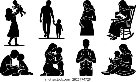 Parenting and maternity vector silhouettes set featuring mother, father, baby, pregnancy, and family bonding isolated.
