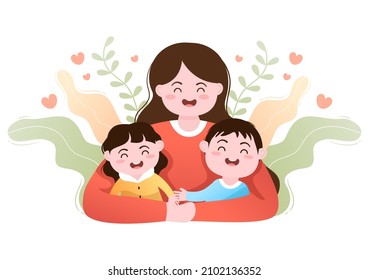 Parenting of Mother, Father and Kids Embracing Each Other in Loving Family. Cute Cartoon Background Vector Illustration for Banner or Psychology