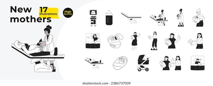 Parenting multiracial black and white cartoon flat illustration bundle. Newborn baby with mother linear 2D characters isolated. Infant feeding. Early childhood monochromatic vector image collection