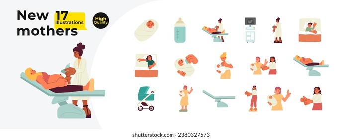 Parenting multiracial cartoon flat illustration bundle. Newborn baby with mother 2D characters isolated on white background. Infant feeding. Early childhood parenthood vector color image collection