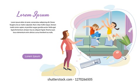 Parenting Naughty Children Cartoon Vector Web Banner or Landing Page with Angry, Annoyed Mother Scolding on Fooling Around Kids Jumping on Sofa, Making Mess in Living Room. Parent Discipline Concept