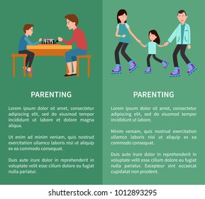 Parenting posters set father and son playing chess, family roller skating together vector posters happy childhood concept free time with parents