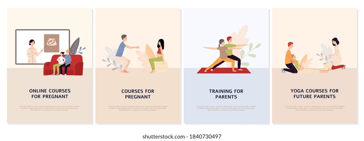 Parenting prenatal courses for pregnant and couples set of web banners and app screens, flat vector illustrations. Training for parents and preparation for childbirth.