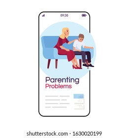 Parenting problem cartoon smartphone vector app screen. Psychology consultation. Family difficulties. Mobile phone display with flat character design mockup. Application telephone cute interface