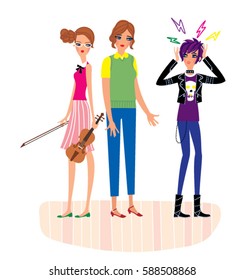 Parenting problem. Mother trying to understand her daughters. Vector illustration.