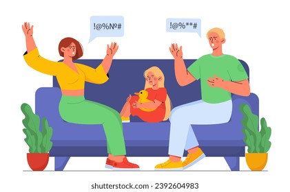 Parenting quarrels concept. Man and woman scream at each others near their daughter. Neagative emotions and conflicts, abuse. Cartoon flat vector illustration isolated on white background