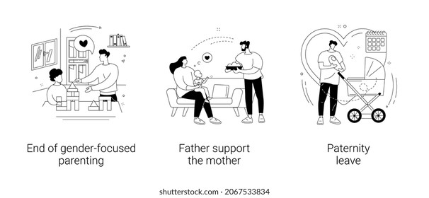 Parenting role abstract concept vector illustration set. End of gender-focused parenting, father supports mother, paternity leave, newborn child, working dad, home office abstract metaphor.