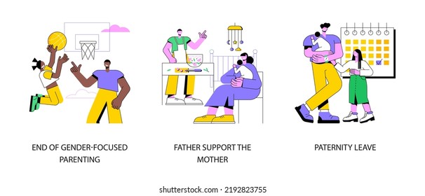 Parenting Role Abstract Concept Vector Illustration Set. End Of Gender-focused Parenting, Father Supports Mother, Paternity Leave, Newborn Child, Working Dad, Home Office Abstract Metaphor.