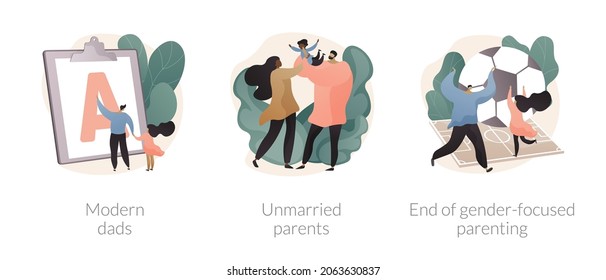 Parenting roles abstract concept vector illustration set. Modern dads, unmarried parents, end of gender-focused parenting, gender equality, active family, partners living together abstract metaphor.