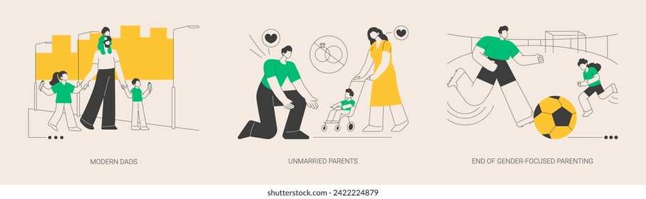 Parenting roles abstract concept vector illustration set. Modern dads, unmarried parents, end of gender-focused parenting, gender equality, active family, partners living together abstract metaphor.