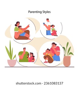 Parenting styles. Different children raising methods. Authoritative, authoritarian, permissive and uninvolved approach. Children upbringing and education. Vector flat illustration