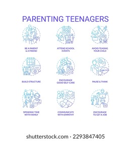 Parenting teenagers blue gradient concept icons set. Taking care of adolescent children idea thin line color illustrations. Isolated symbols. Roboto-Medium, Myriad Pro-Bold fonts used