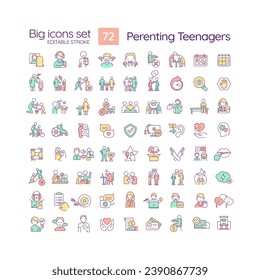 Parenting teenagers RGB color icons set. Raising adolescent children. Relationship in family. Isolated vector illustrations. Simple filled line drawings collection. Editable stroke