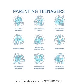 Parenting teenagers turquoise concept icons set. Taking care of adolescent children idea thin line color illustrations. Isolated symbols. Editable stroke. Roboto-Medium, Myriad Pro-Bold fonts used