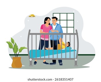 Tema parental. Jovens pais cuidando de um bebê em um berço em um berçário. Ilustração de vetor plano.