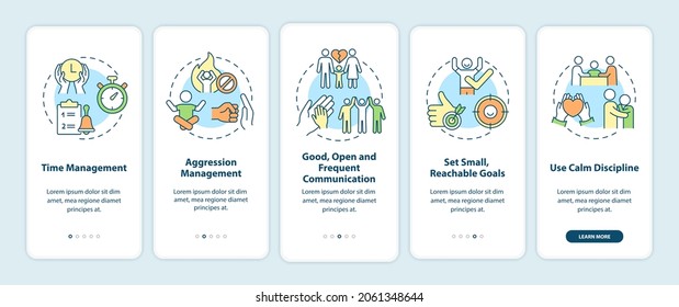 Parenting tips for ADHD onboarding mobile app page screen. Time management walkthrough 5 steps graphic instructions with concepts. UI, UX, GUI vector template with linear color illustrations
