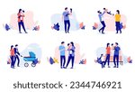 Parenting vector collection - Set of illustrations with parents taking care and playing with children, parenthood and child care concept, flat design on white background