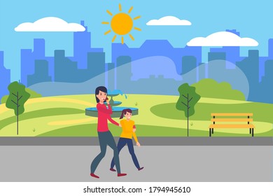 Parenting vector concept: mother eating ice cream along with her daughter at the city park