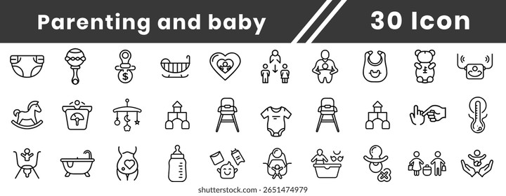 Parenting,child and Baby feeding problem line icon set. Vector pictograms of food, allergy, colic, reflux, spit, crying, discomfort, hot, cold, temperature, spoon, thin linear illustration.