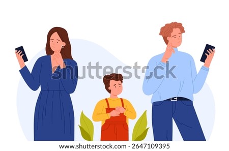 Parents absorbed in smartphones while child looks neglected, highlighting phone addiction and family dynamics on isolated white background vector illustration