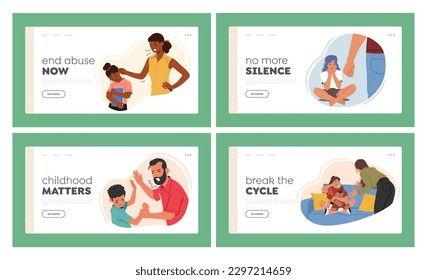Parents Abuse Their Children Landing Page Template Set. Domestic Violence Cause Emotional And Psychological Harm, Leading To Low Self-esteem, Anxiety, Long-term Trauma. Cartoon Vector Illustration