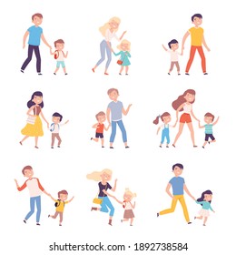 Parents Accompanying Their Children to School or Kindergarten Set, Parents and Kids Walking Together Holding Hands Cartoon Style Vector Illustration