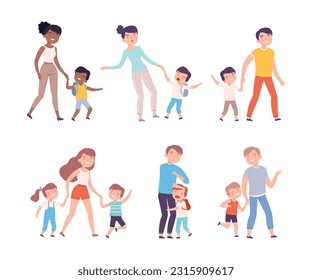 Parents Accompanying Their Children to School or Kindergarten Vector Set