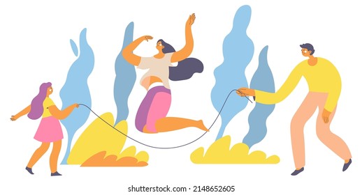 Parents Ad Child Playing Outdoors, Sportive Exercises And Physical Development. Family Weekends Rest And Entertainment, Jumping Rope Skipping And Having Fun Outside In Park. Vector In Flat Style