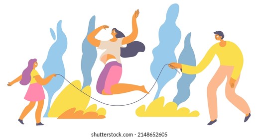 Parents ad child playing outdoors, sportive exercises and physical development. Family weekends rest and entertainment, jumping rope skipping and having fun outside in park. Vector in flat style