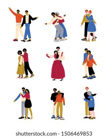 Parents and Adult Children Set, Mother and Father Hugging Their Sons and Daughters, Happy Family Concept Vector Illustration