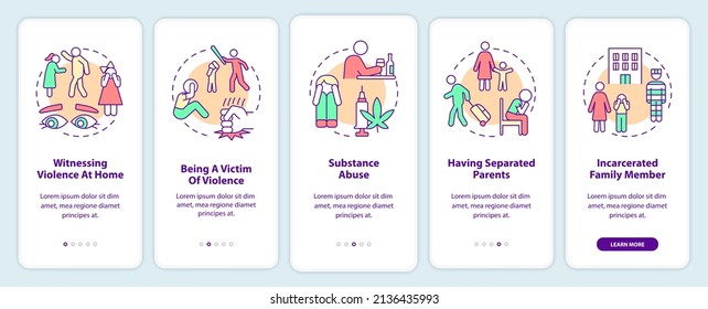 Comportamiento adverso de los padres que impacta a los niños en la pantalla de aplicaciones móviles. Recorrido 5 pasos de páginas de instrucciones gráficas con conceptos lineales. UI, UX, plantilla GUI. Multitud de tipos de letra Pro-Bold, con uso regular