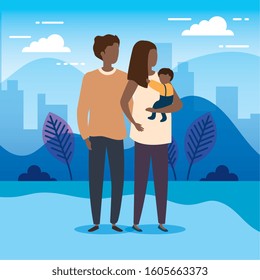 parents afro with baby boy in park nature characters vector illustration design