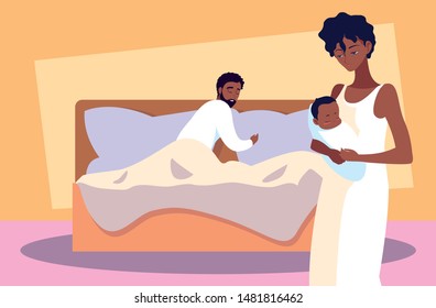 parents afro with baby boy resting in bed