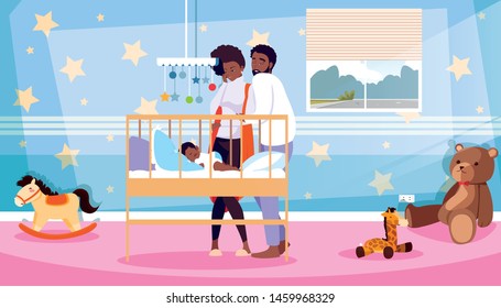 parents afro observing of newborn sleeping in room