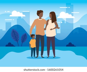 parents afro with son in the park vector illustration design