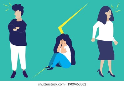 Parents argue and shout loud in front of children. Separation between husband and wife and verbal abuse consequences or impacts. Scared daughter crying and covering her face. Flat vector illustration.