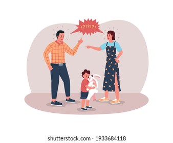 Parents arguing 2D vector web banner, poster. Sad toddler. Relationship problems. Father, mother shouting flat characters on cartoon background. Family conflict printable patch, colorful web element