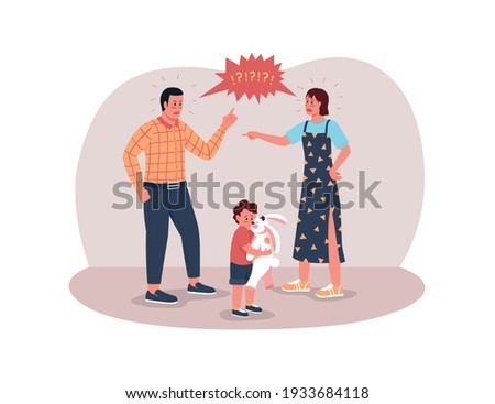 Parents arguing 2D vector web banner, poster. Sad toddler. Relationship problems. Father, mother shouting flat characters on cartoon background. Family conflict printable patch, colorful web element